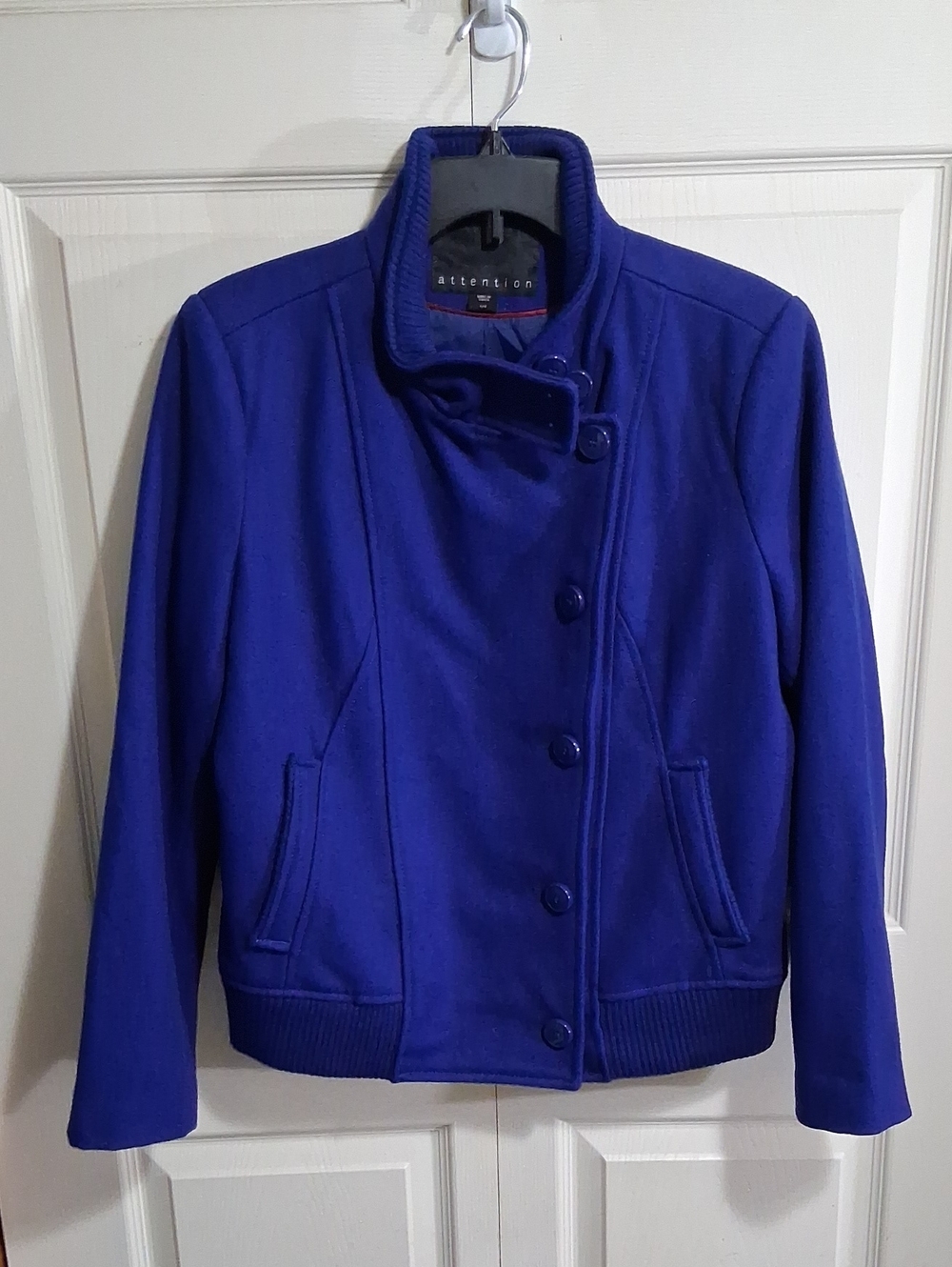 attention Royal Blue Asymmetric Button Bomber Jacket - L